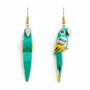 Parrot Bird Dangle Earrings Colorful Hand Painted Tropical Wood Nautical Vacay